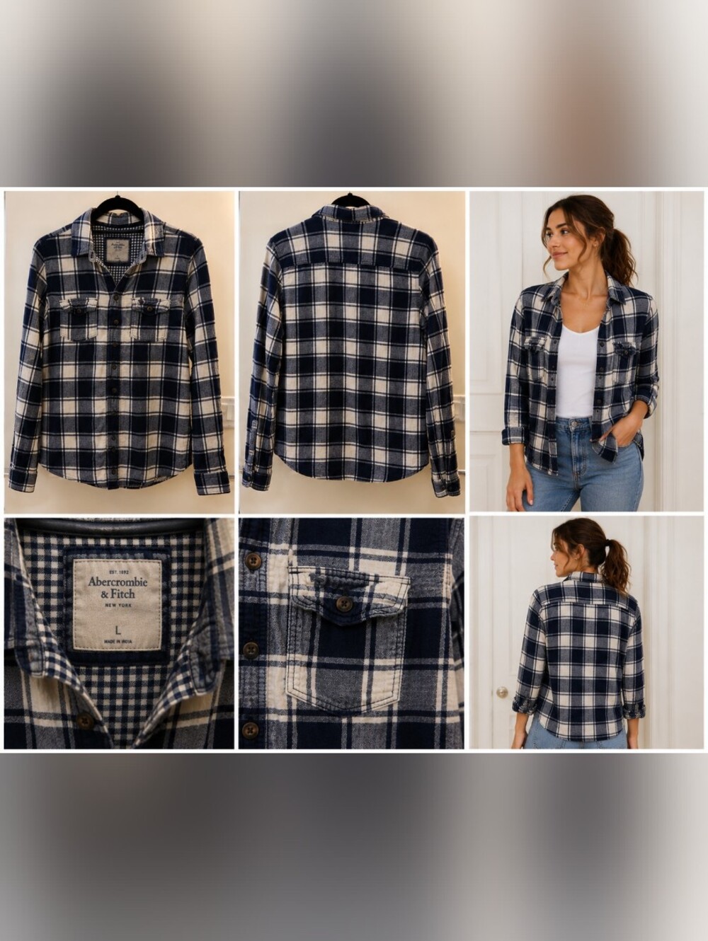 Abercrombie & Fitch Navy and Cream Plaid Utility Jacket